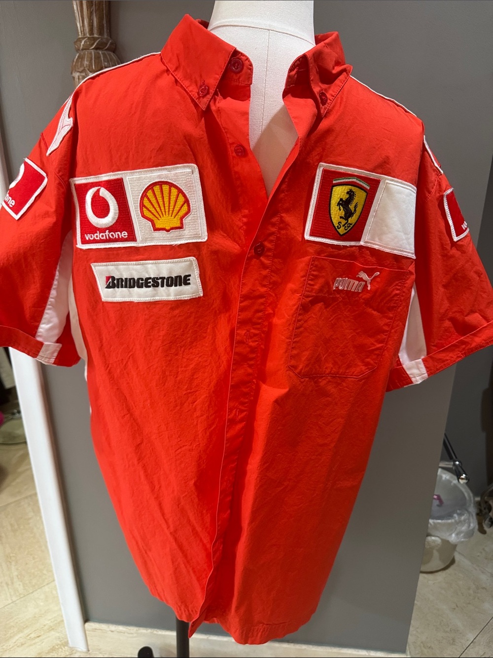 Ferrari Red Short-Sleeve Button-Front Racing Shirt with Sponsor Patches